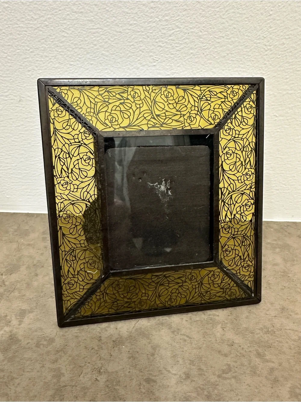 Vintage Studio Yellow Stained Glass Picture Frame Etched Metal Roses Metal Trim
